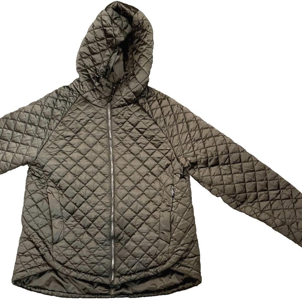 BCBGMAxazria Womens Large Jacket Hooded Quilted Coat Dk Gray Zipper‎ Drawstring